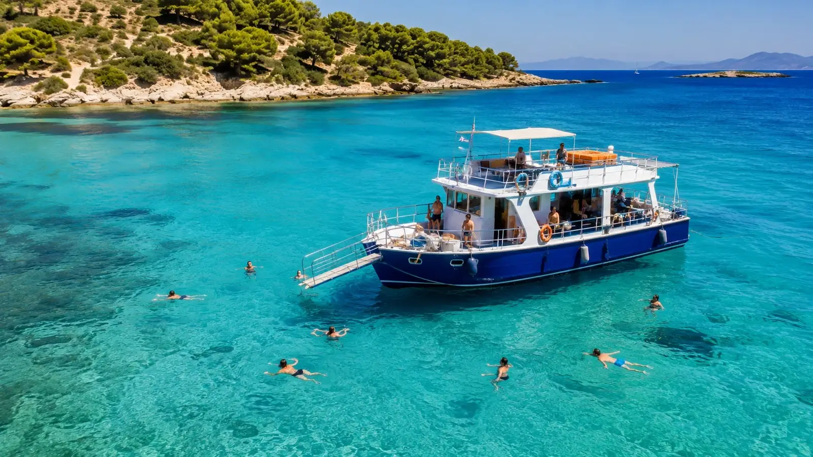 Båtutflykt i klart vatten nära Aegina och Agistri.
