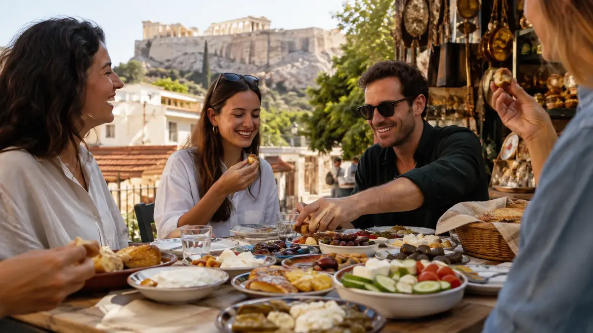 Matupplevelse i Aten med meze och provsmakningar nära Akropolis.