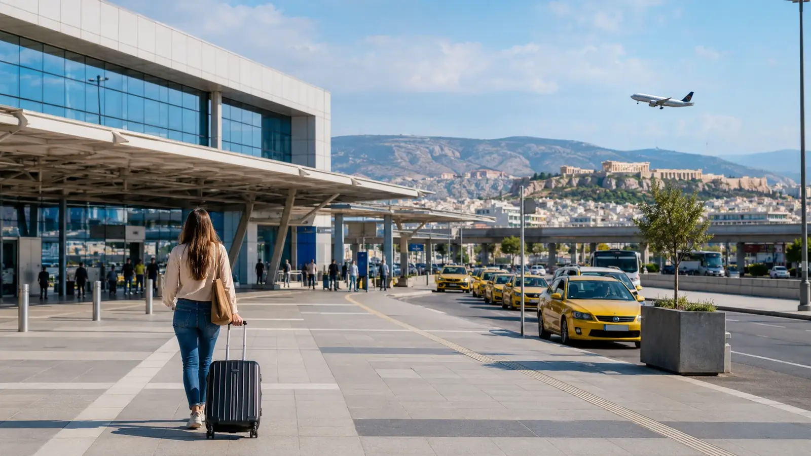 Resenär utanför terminalen på Athens International Airport.