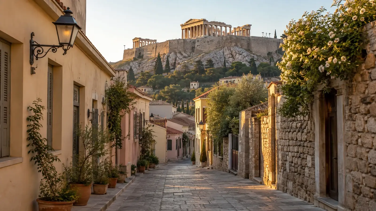 Lugn gränd i Plaka med Akropolis i morgonljus.