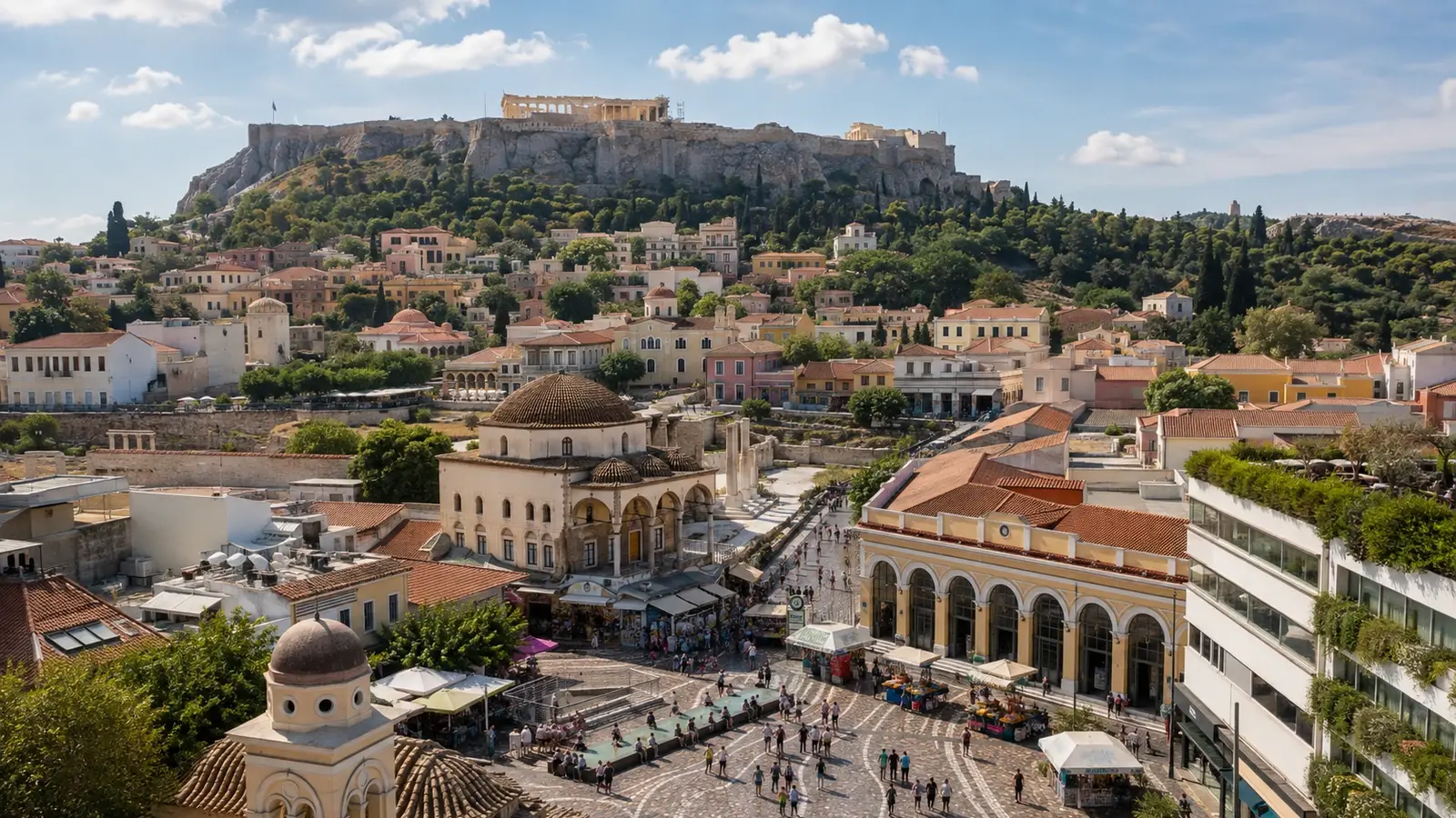 Akropolis och centrala Aten i soligt väder.