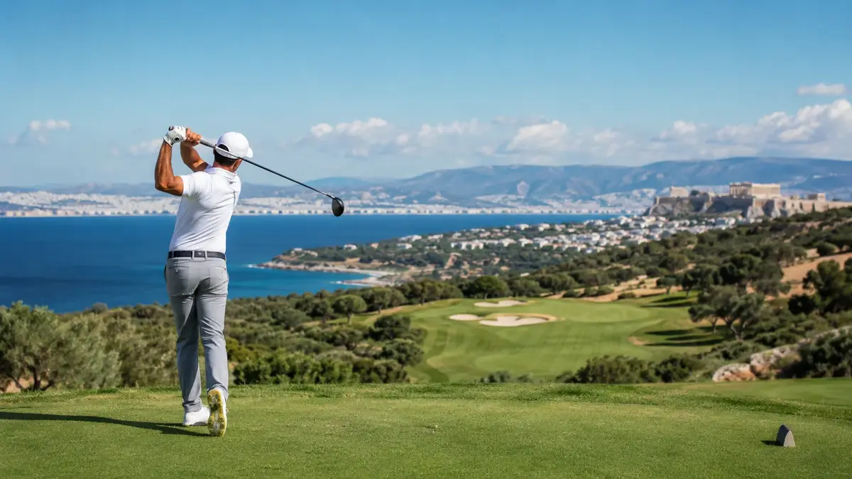 Golfspelare på bana med havsutsikt nära Aten