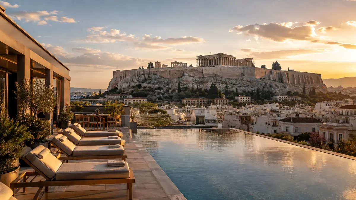 Takterrass och pool på hotell i Aten med utsikt över Akropolis