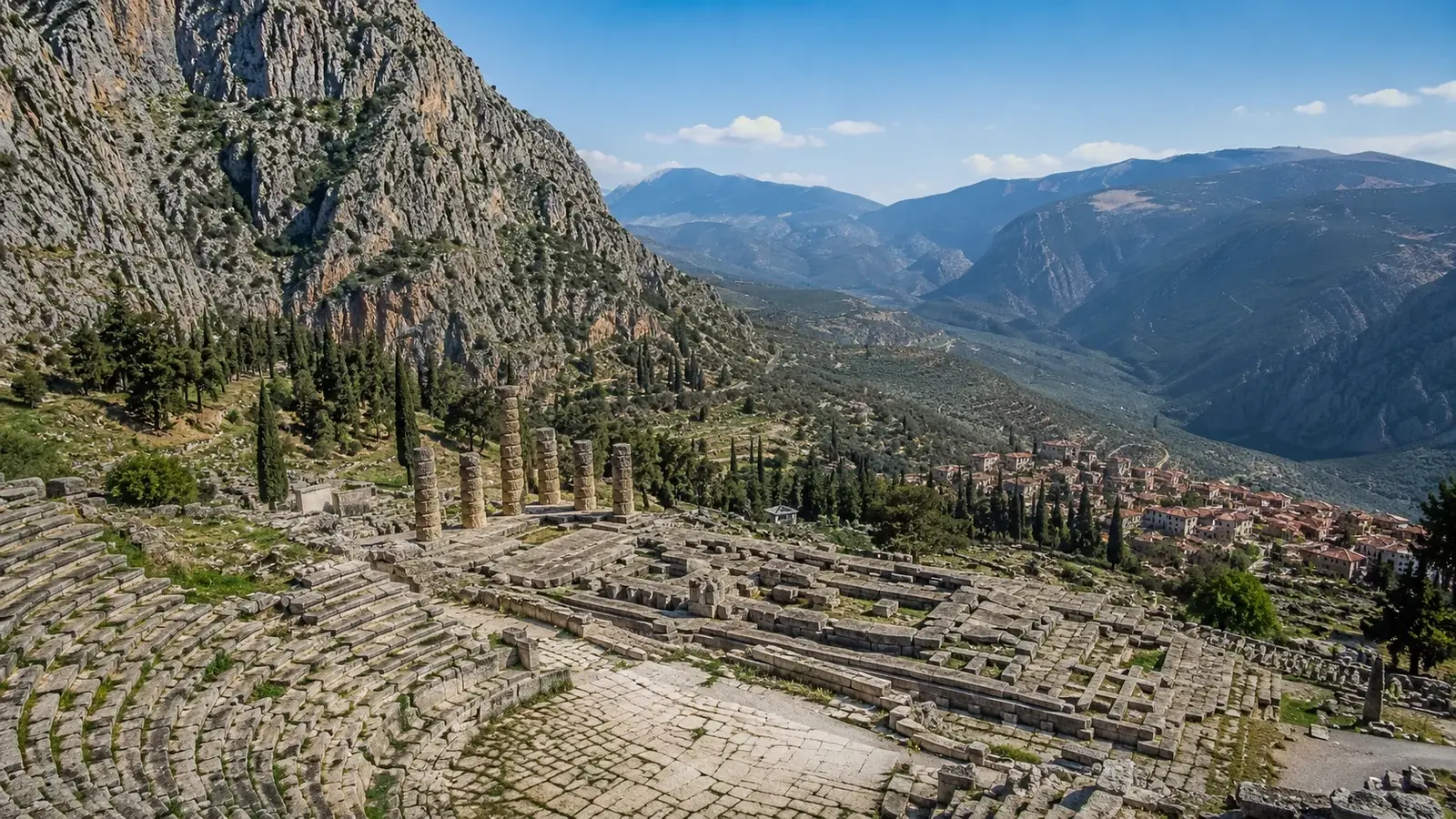 Arkeologiska lämningar i Delphi med bergslandskap.