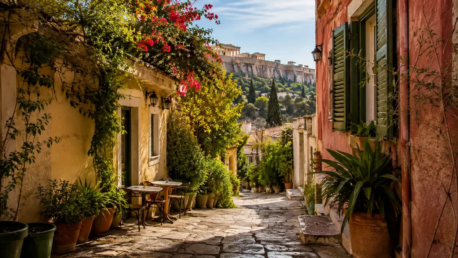 Lugn gränd i Aten med färgglada hus och Akropolis i bakgrunden