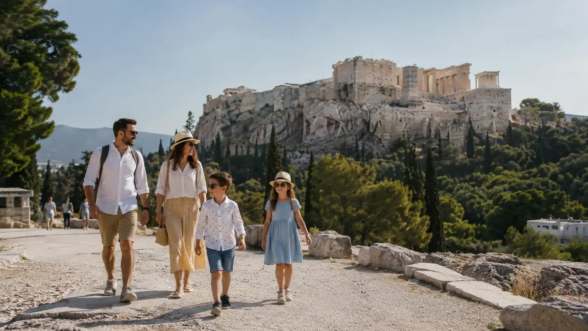 Familj på promenad nära Akropolis i Aten