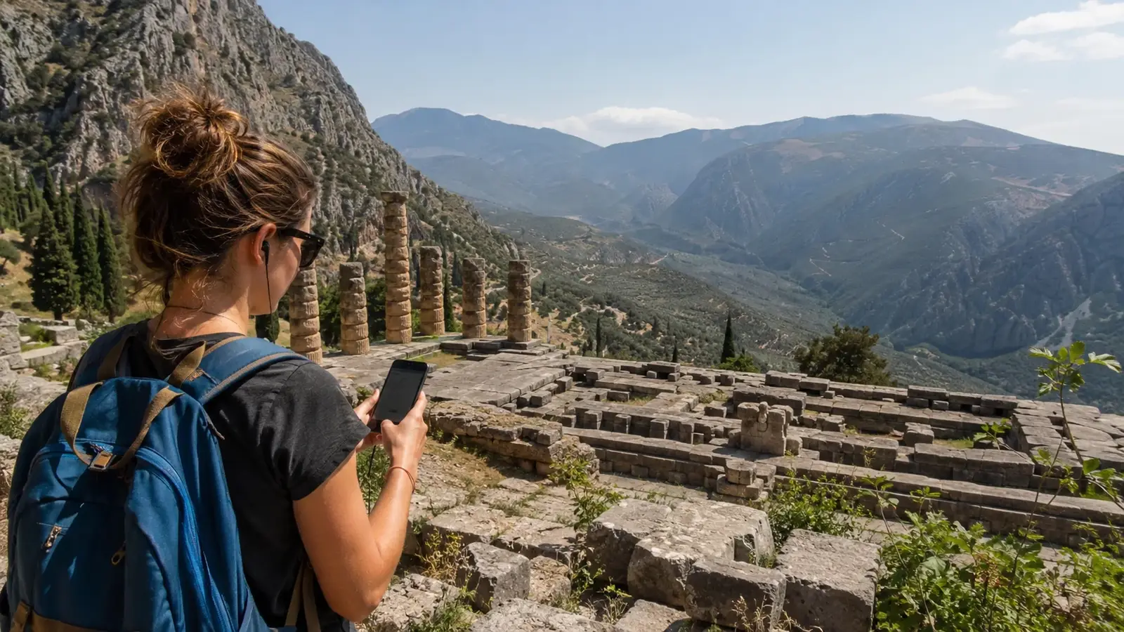 Besökare med mobilguide vid antika Delphi och bergslandskapet.
