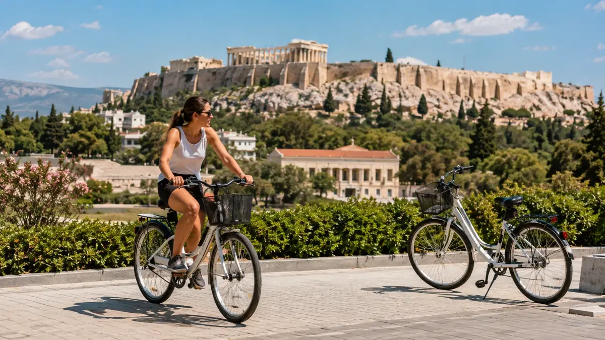 En person som hyr cykel i Aten med Akropolis i bakgrunden.