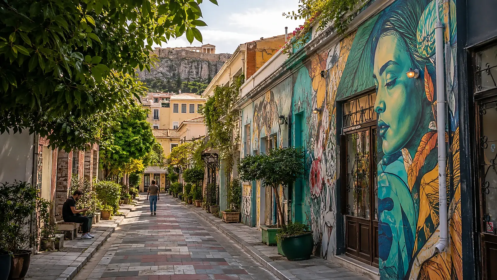 Färgstark gränd i Aten med Akropolis i bakgrunden.