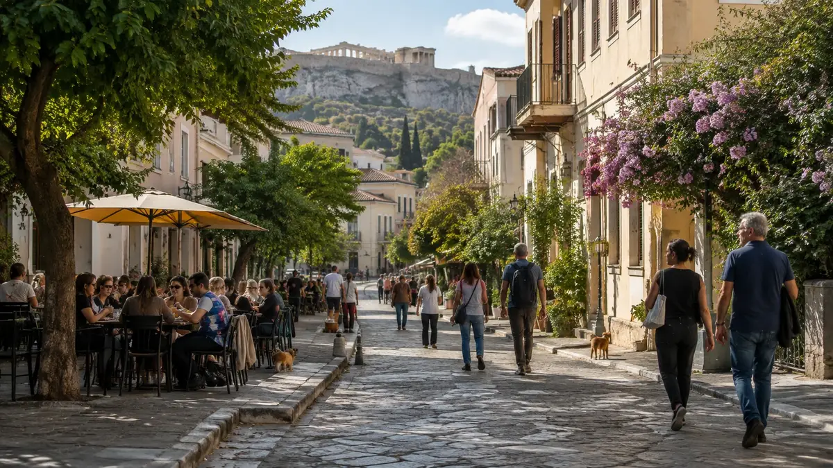 Lugn kafégata i Aten med vardagsliv och Akropolis i bakgrunden.