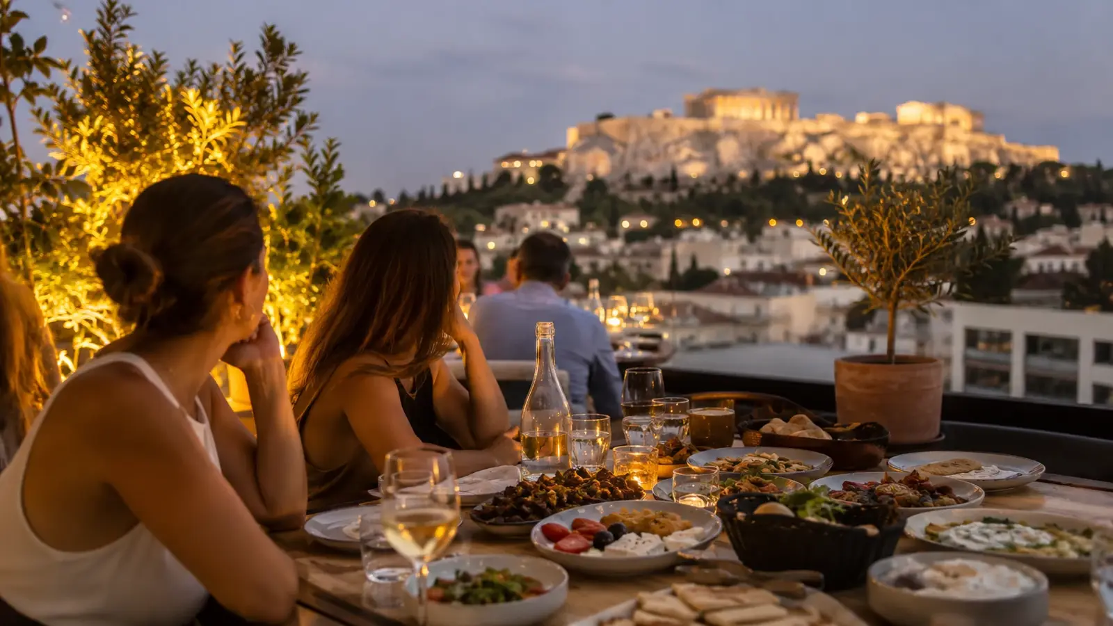 Middag på terrass i Aten med utsikt över Akropolis.