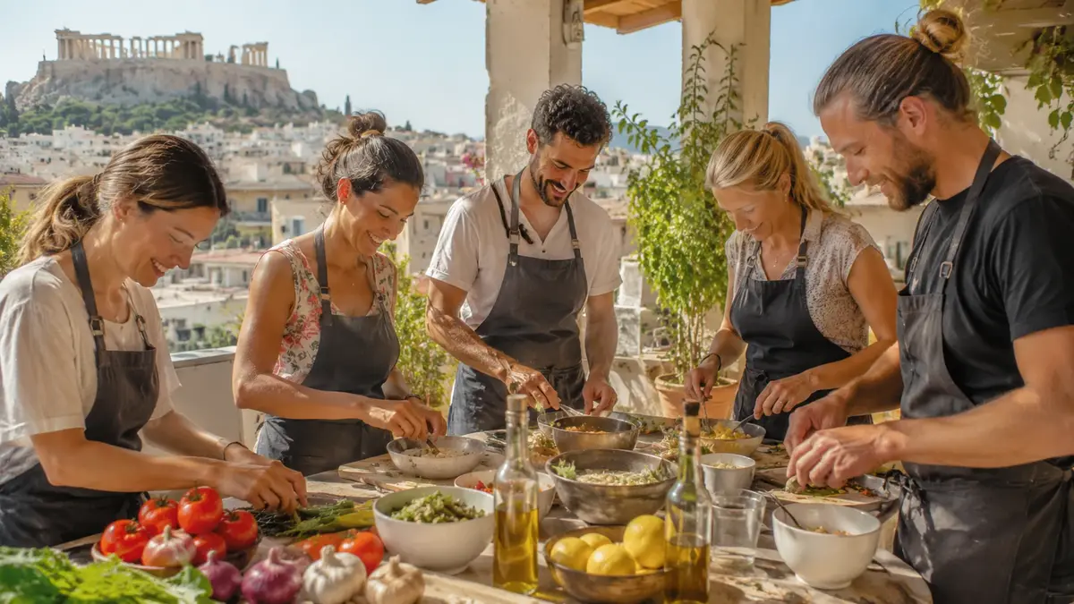 Matlagningskurs på en terrass i Aten med färska råvaror och utsikt mot Akropolis.