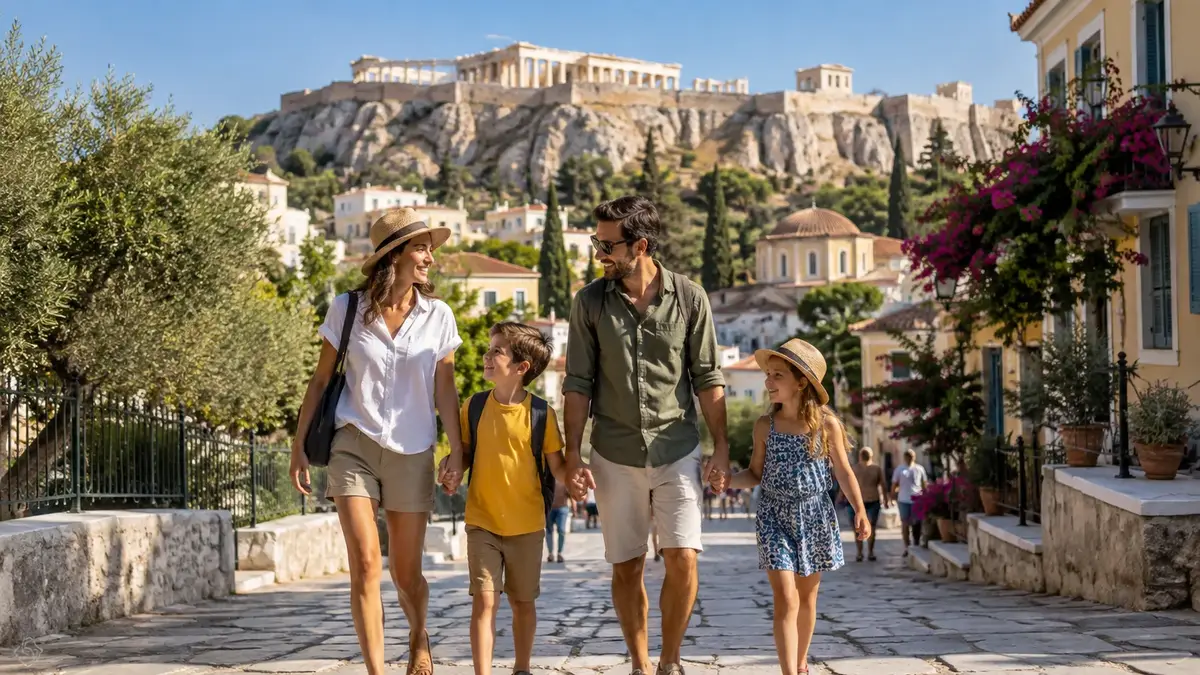 Familj promenerar i Aten med Akropolis i bakgrunden