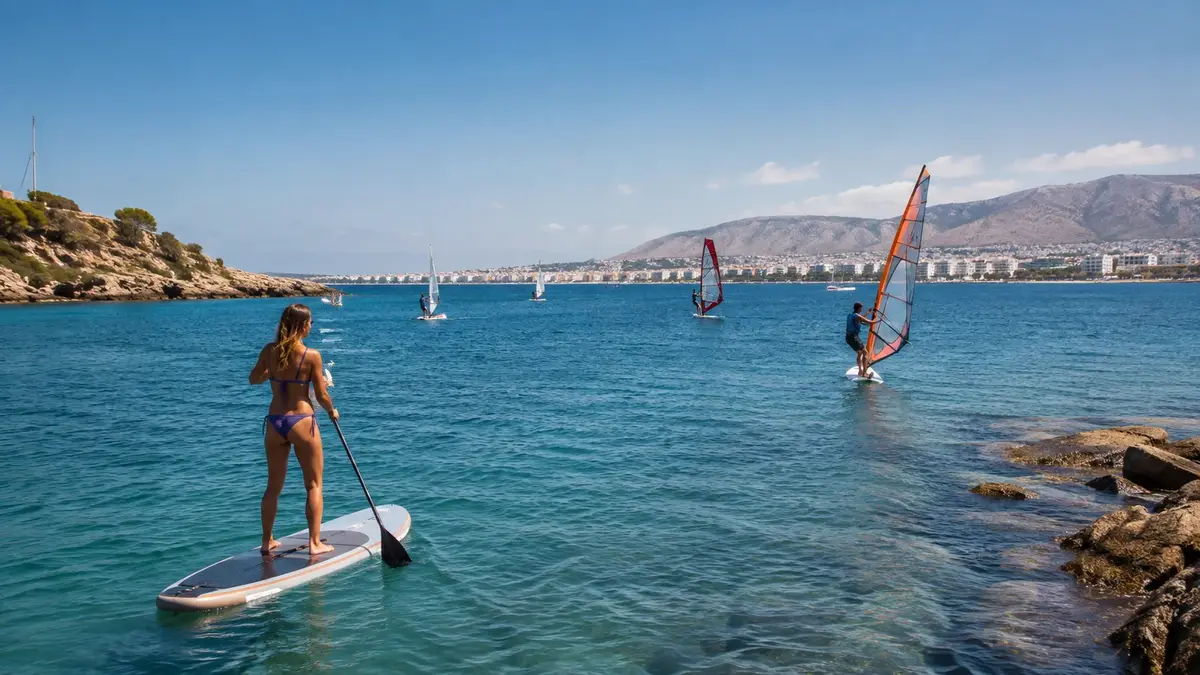 Stand up paddle och vindsurfing i klart vatten utanför Aten.