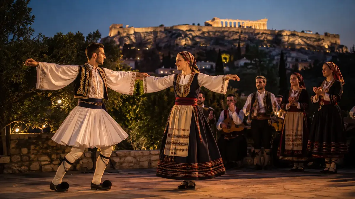 Traditionell grekisk dans utomhus med Akropolis upplyst i bakgrunden.